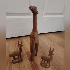 Vintage Hand Carved Wooden Gazelle And Giraffe Figurines African Animal Set Of 3
